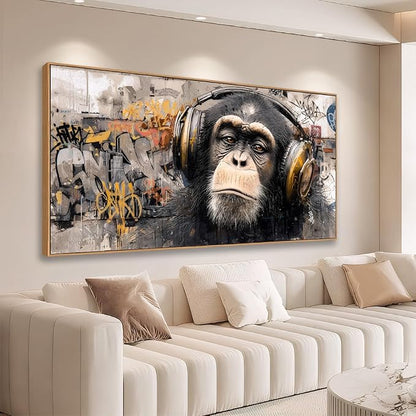 Sorbrozo DJ Gorilla Canvas Wall Art - Vibrant Street Graffiti Painting with Headphones Modern Animal Artwork for Music Lovers Boys Bedroom & Man Cave Decor 24x48in