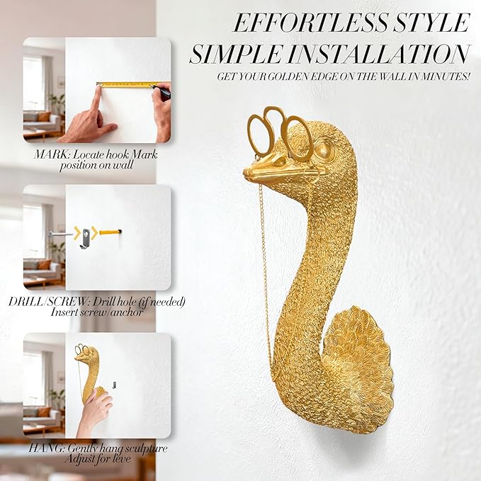 Juedawyal Gold Ostrich Animal Head Wall Decor Sculpture, Resin Animal Heads for Wall, Vintage Wall Sculpture for Men Women Living Room Hallway Staircase Home Office