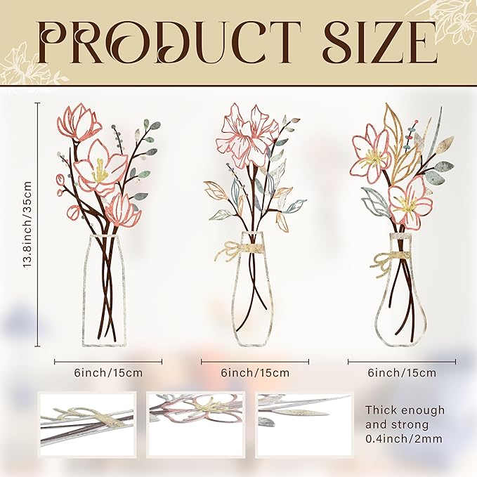 3 Pcs Metal Flowers Wall Arts Rustic Farmhouse Decor Bathroom Wall Decor Metal Wall Decor for Living-room Dining-Room Kitchen Minimalist Decor Housewarming Gifts (Multicolored)