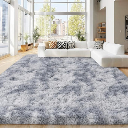 Area Rugs 9x12 Living Room, Ultra Soft Shaggy Fluffy Rug for Bedroom, Upgrade Non-Slip Fuzzy High Pile Plush Large Rugs for Nursery Boys Girls Kids Room Modern Indoor Home Decor, Tie-Dye Silver Grey
