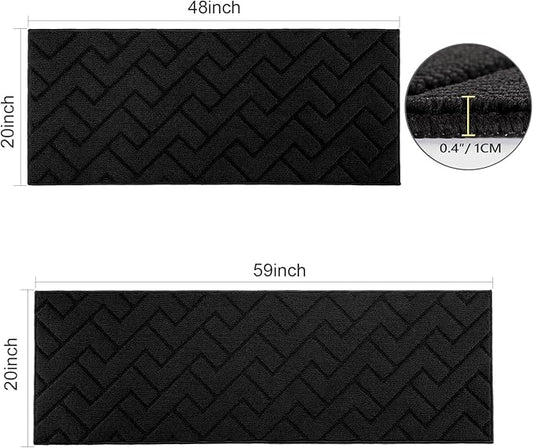 hicorfe Kitchen Runner Rugs and Mats Sets,2 Pieces Absorbent Non-Slip Kitchen Rug,Comfort Kitchen Mat for Floor,Washable for Kitchen,Hallway,Office,Sink,Laundry(20"x59"+20"x48",Black)