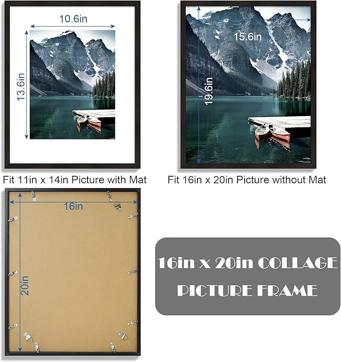 Hongkee 16x20 Frames Set of 3 - Display 11x14 Photo with Mat or 16 x 20 Poster without Mat, Wall Mounting Horizontal and Vertical, Black
