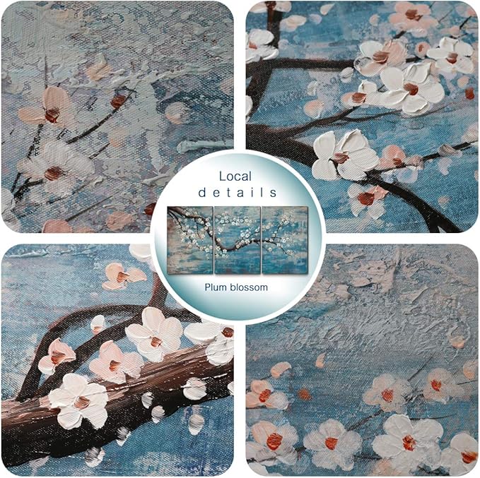 amatop Extra Large Wall Art for Living Room 100% Hand-Painted Framed Decorative Plum Floral Oil Painting Set Decorative Modern Blue Tree Artwork Ready to Hang