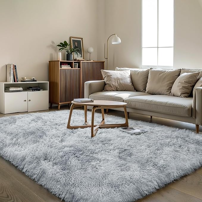 KICHOWUA Thick Area Rug Light Grey 6x9 Fluffy Shag for Bedroom Ultra Soft Plush Fuzzy Washable Thickened Non Slip Carpet for Living Room Dorm Nursery Shaggy Rug for Kids Baby Girls Boys, Tie-Dye Gray