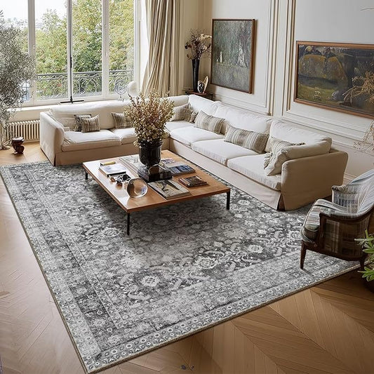Washable 9x12 Area Rugs for Living Room, Boho Non-Slip Vintage Distress Lager Rugs for Bedroom Dining Room Nursery Office, 0.3" Neutral Oriental Throw Thin Carpet, Grey/Multi, C5