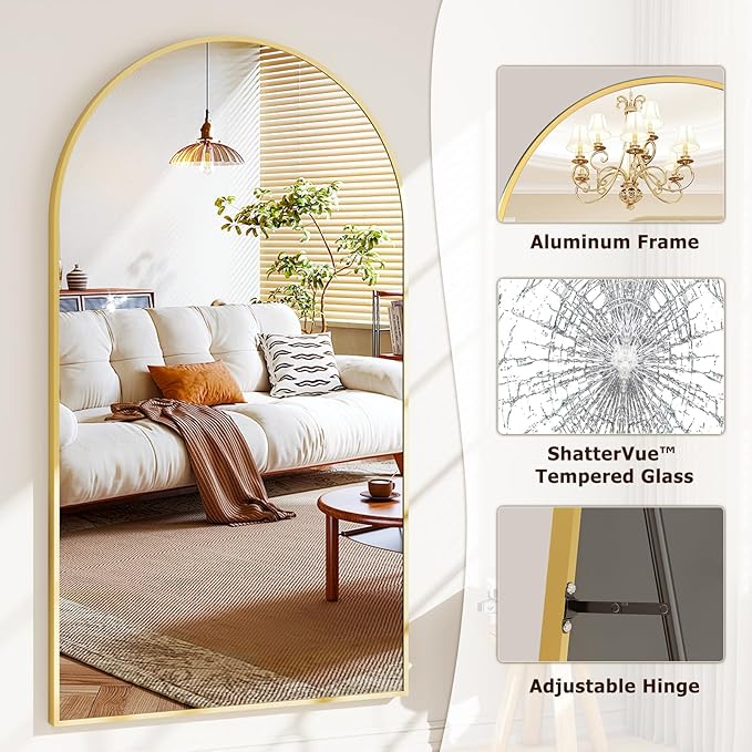 Easly 46"x76" Arched Full-Length Mirror, Oversized Floor Mirror with Stand, Freestanding or Wall-Mounted Full Body Mirror for Living Room, Bedroom, or Cloakroom, Gold