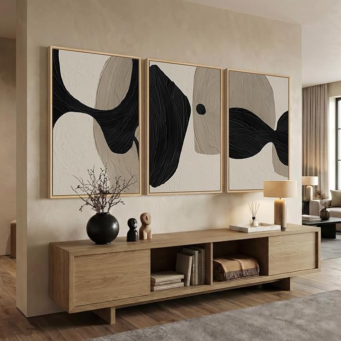 Large Framed Neutral Abstract Wall Art for Living Room, 3 Piece Black and Beige Canvas Artwork for Walls, Abstract Modern Minimalist Painting Prints Wall Decor for Hallway Dining Room Office, 24x36 In