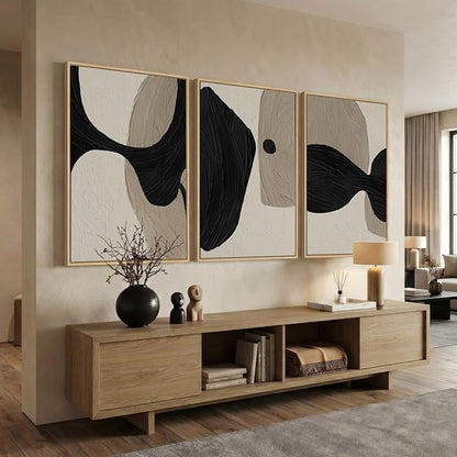 Large Framed Neutral Abstract Wall Art for Living Room, 3 Piece Black and Beige Canvas Artwork for Walls, Abstract Modern Minimalist Painting Prints Wall Decor for Hallway Dining Room Office, 24x36 In