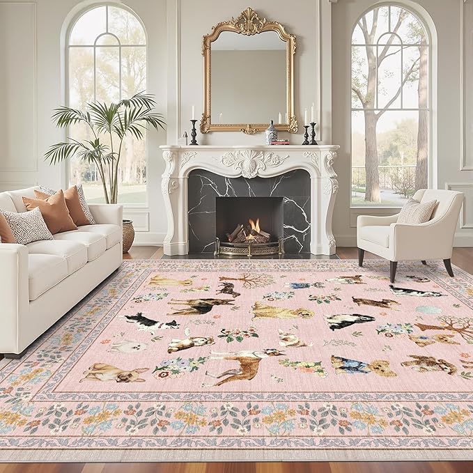Pink Living Room Rugs 5x7, Dogs Area Rugs for Bedroom Ultra-Thin Soft, Non-Slip Washable Rugs Stain Resistant Boho Rug Low-Pile Throw Rug for Dining Room Office (5 x 7, Pink)