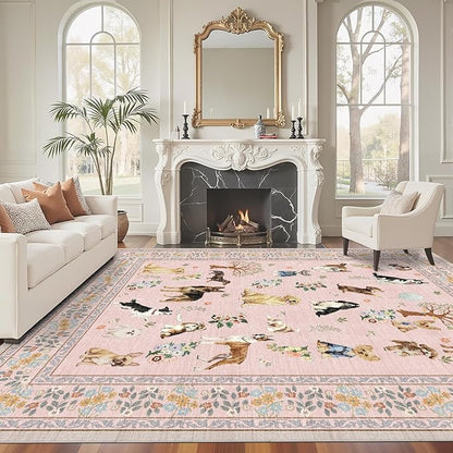 Pink Living Room Rugs 5x7, Dogs Area Rugs for Bedroom Ultra-Thin Soft, Non-Slip Washable Rugs Stain Resistant Boho Rug Low-Pile Throw Rug for Dining Room Office (5 x 7, Pink)