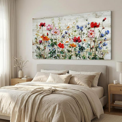 BQVCT Rustic Wildflower Canvas Wall Art 24x48 Inch on Distressed Wood Colorful Floral Print Red Pink Blue Orange Flowers Painting Farmhouse Home Decor for Living Room Bedroom