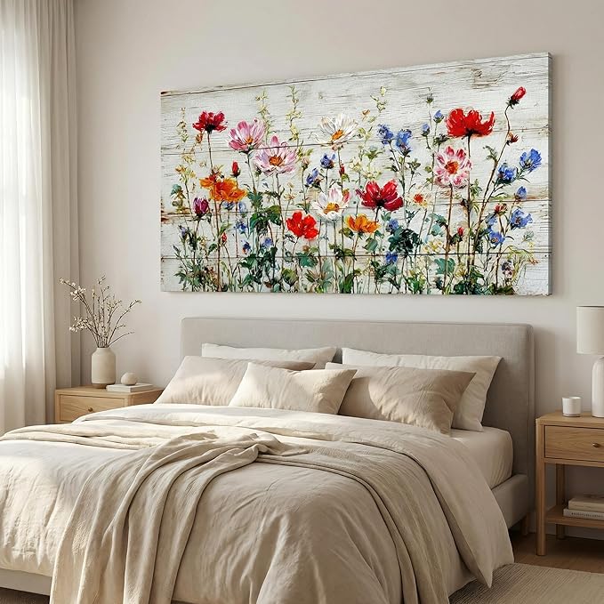 BQVCT Rustic Wildflower Canvas Wall Art 20x40 Inch on Distressed Wood Colorful Floral Print Red Pink Blue Orange Flowers Painting Farmhouse Home Decor for Living Room Bedroom