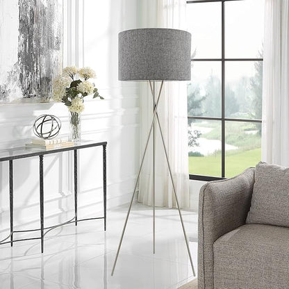 Kira Home Sadie 60" Modern Tripod Floor Lamp with Gray Linen Drum Shade, Mid Century Cross-Leg Standing Light with 9W LED Bulb, Brushed Nickel Finish