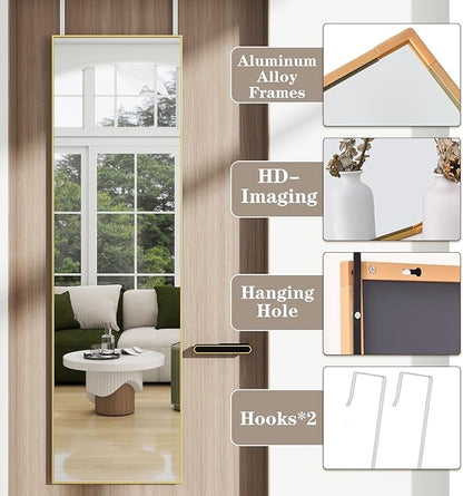 Full Length Door Mirror 14x48, Metal Frame with Protective Film, No-Drilling Hanging or Wall Mount (Horizontal/Vertical), Hooks & Hardware Included, Full Body Mirror for Bedroom, Dorm, Gold