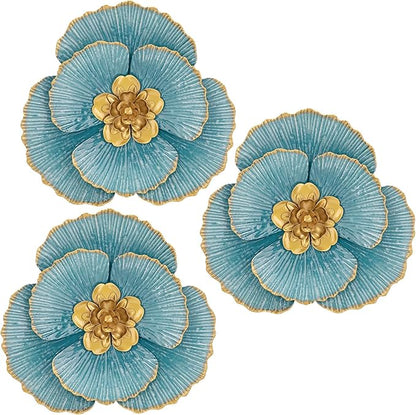 DILATATA 3 Pcs Metal Flower Wall Art Set 10 Inch Rustic Modern Floral Sculpture 3D Metal Flower Wall Hanging Accent for Indoor Living Room Bedroom Kitchen Bathroom Garden Patio Decor - Blue