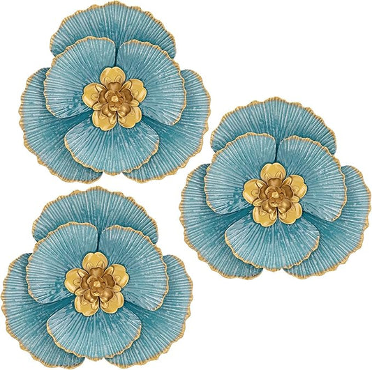 DILATATA 3 Pcs Metal Flower Wall Art Set 10 Inch Rustic Modern Floral Sculpture 3D Metal Flower Wall Hanging Accent for Indoor Living Room Bedroom Kitchen Bathroom Garden Patio Decor - Blue