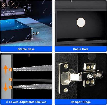 chartustriable 71IN LED TV Stands w/Power Outlet for 85/80/75 Inch TVs,High Gloss Modern Tall Entertainment Center TV Media Console Gaming w/2 Storage Cabinets,Dual LED Lights,Black Marble