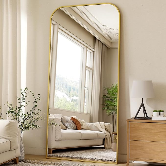 XRAMFY 77x38 Inch Floor Length Mirror with Stand, Full Length Standing Mirror for Bedroom, Full Body Tall Mirrors with Modern Aluminum Alloy Frame in Gold, Home Decor