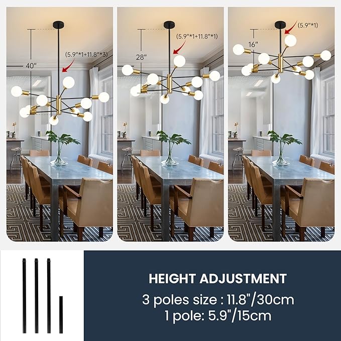 RUIYEY Sputnik Chandeliers Modern Black and Gold Chandeliers 10-Light Mid Century Farmhouse Chandelier Ceiling Light Fixture Height Adustable Pendant Light for Kitchen Island Living Room Dining Room