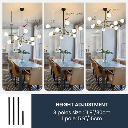 RUIYEY Sputnik Chandeliers Modern Black and Gold Chandeliers 10-Light Mid Century Farmhouse Chandelier Ceiling Light Fixture Height Adustable Pendant Light for Kitchen Island Living Room Dining Room