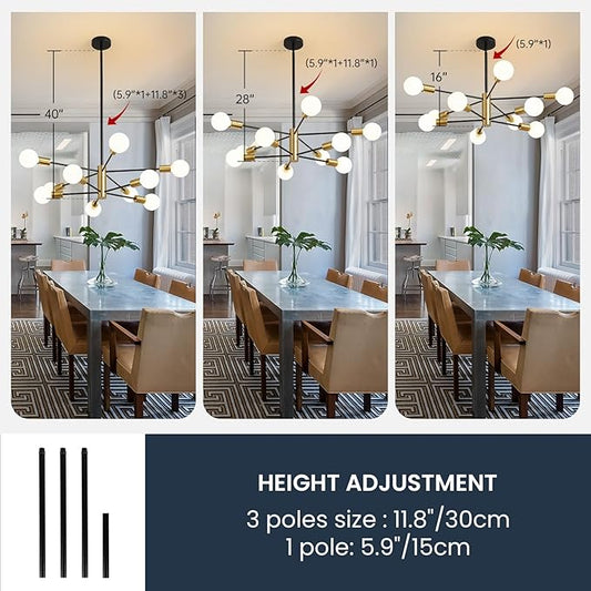 RUIYEY Sputnik Chandeliers Modern Black and Gold Chandeliers 10-Light Mid Century Farmhouse Chandelier Ceiling Light Fixture Height Adustable Pendant Light for Kitchen Island Living Room Dining Room