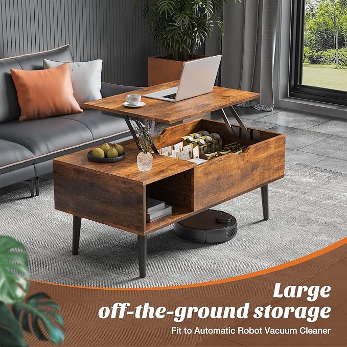 Sweetcrispy Wood Coffee Table Lift Top Coffee Tables for Living Room Office, Small Rising Wooden Center Tables with Large Storage Shelf and Hidden Compartment, Brown | Lift Top