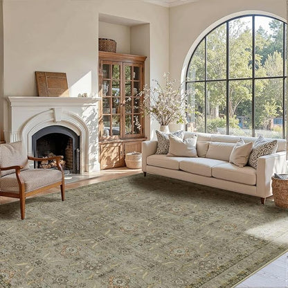 Rugxara 5x7 Area Rugs for Living Room Bedroom, Washable Rug, Vintage Floral Boho Rug, Non Slip & Low Pile Faux Wool Thin Carpet for Indoor Dining Room and Kids Room(Olive Brown 5x7ft)
