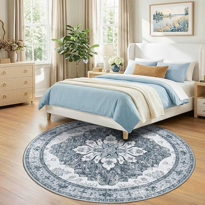 RELEANY Area Rugs Round 7ft Washable Non-Slip, Floral Vintage Distress Print Pattern Medallion Carpet for Living Room Bedroom Dining Room, Light Gray Grey White