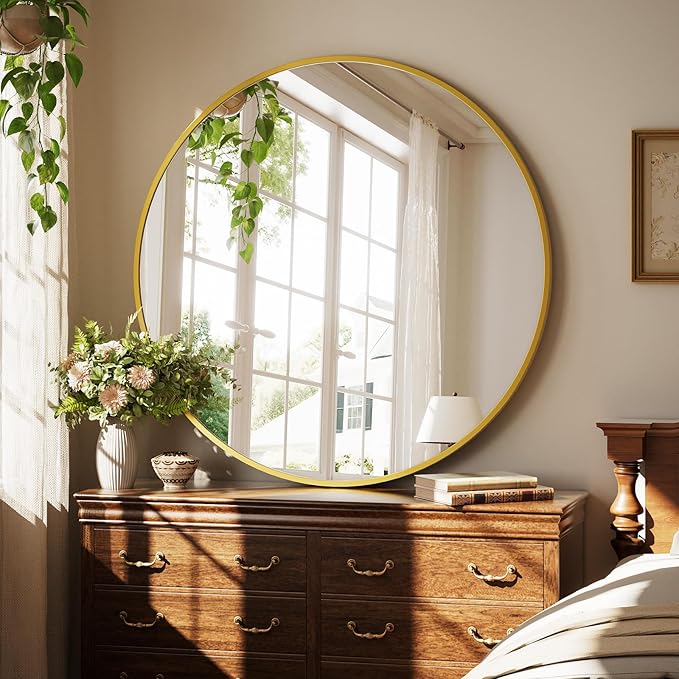 XRAMFY 42 Inch Round Gold Metal Wall Mirror - Stylish Circle Mirror for Entryway, Bathroom, and Living Room Decor | Matte Gold Circle Wall Mirror