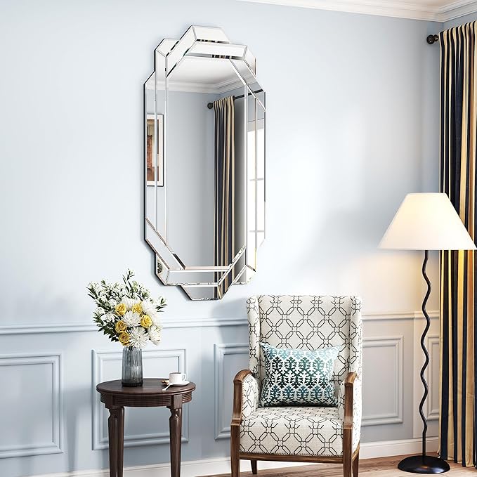 Chende 24" x 47" Large Wall Mirror for Decor, Octagonal Decorative Mirror with Beveled Edge and Glass Pieces, Large Accent Mirror for Living Room, Bedroom, Dining Room, Hallway