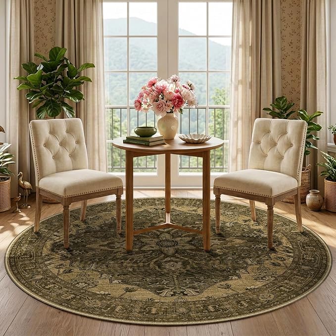 RELEANY Area Rugs Round 5ft Washable Non-Slip, Floral Vintage Distress Print Pattern Medallion Carpet for Living Room Bedroom Dining Room, Brown Dark Brown