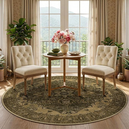 RELEANY Area Rugs Round 5ft Washable Non-Slip, Floral Vintage Distress Print Pattern Medallion Carpet for Living Room Bedroom Dining Room, Brown Dark Brown