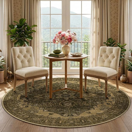 RELEANY Area Rugs Round 5ft Washable Non-Slip, Floral Vintage Distress Print Pattern Medallion Carpet for Living Room Bedroom Dining Room, Brown Dark Brown