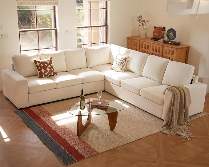 ELUCHANG 113" V-Shaped Modular Sectional Sofa Couch, Modern 7-Seat Comfy Linen Deep Seat Sofa with Corner, Removable Cover, Easy Assembly, Large Sofas & Couches for Living Room, Office, Beige