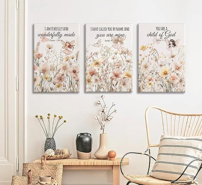3Pcs Christian Nursery Canvas Wall Art Wildflower Bible Verse Painting Vintage Flower Scripture Pictures Wall Decor Butterfly Girl Floral Posters Prints for Girls Baby Room Living Bedroom Framed