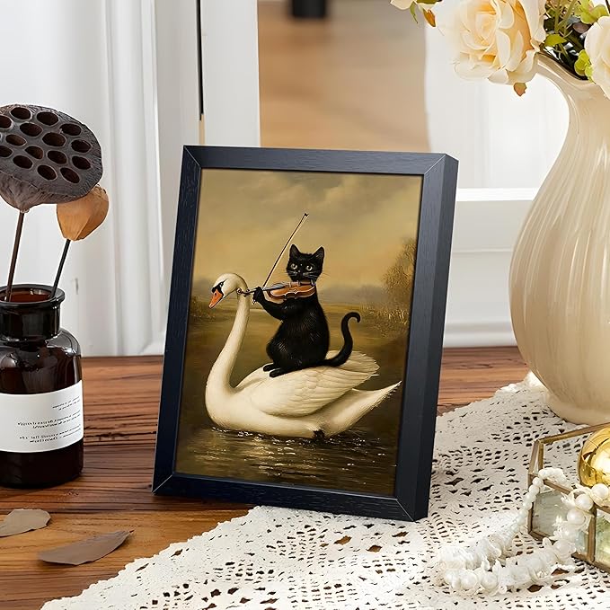 Funny Cat Wall Art Painting, Vintage Black Cat Playing Violin on Swan Wall Decor, Whimsical Animal Canvas Poster Print Picture for Bathroom Bedroom Apartment Decor 8x10 Inch Framed