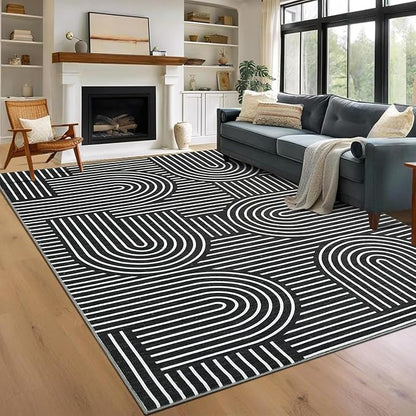 ROYHOME Washable Rug 9x12 Area Rugs for Living Room, Abstract Rug for Bedroom, Soft Rainbow Non Slip Throw Rugs with Rubber Back, Low Pile Stain Resistant Boho Geometric Carpet for Dining Room, Black
