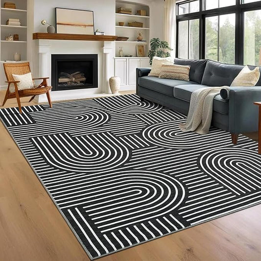 ROYHOME Washable Rug 9x12 Area Rugs for Living Room, Abstract Rug for Bedroom, Soft Rainbow Non Slip Throw Rugs with Rubber Back, Low Pile Stain Resistant Boho Geometric Carpet for Dining Room, Black