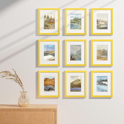 Vittanly 8x10 Picture Frames Set of 9, Shatter Resistant Plexiglass, Display 5x7 Pictures with Mat or 8x10 without Mat, Photo Frames for Wall or Tabletop, Engineered Wood, Yellow