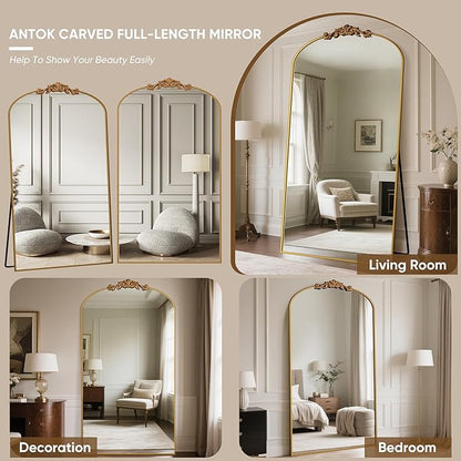 Antok Arched Full Length Mirror, 81"x41" Floor Mirror with Carved, Full Body Mirrors for HomeDecor, Standing/Halling Large Wall Mirror for Bedroom, Living Room, Cloakroom, Gold, Retro Style