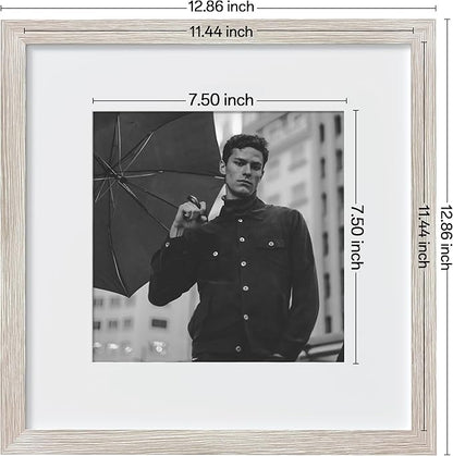 eletecpro 12x12 Picture Frames Set of 9 with Mat for 8x8 Photos or without Mat for 12x12, Square Gallery Wall Decor Collage for Picture Display, Beige Drift Wood Frame Set for Wall Hanging