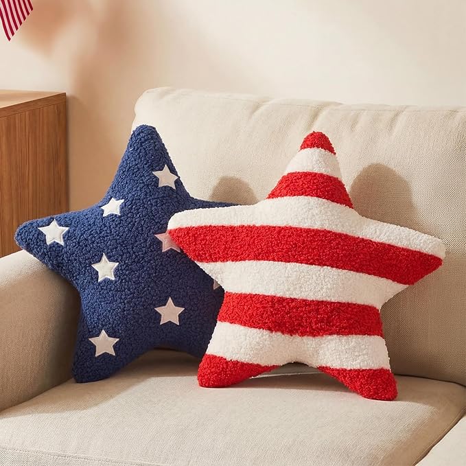2 Pcs 4th of July Decorations 13x13" Star Throw Pillows, Rustic Patriotic Red White Blue Teddy Fleece Pillows with Star Embroidery & Flag Stripes, Americana Farmhouse Decor for July 4th Memorial Day