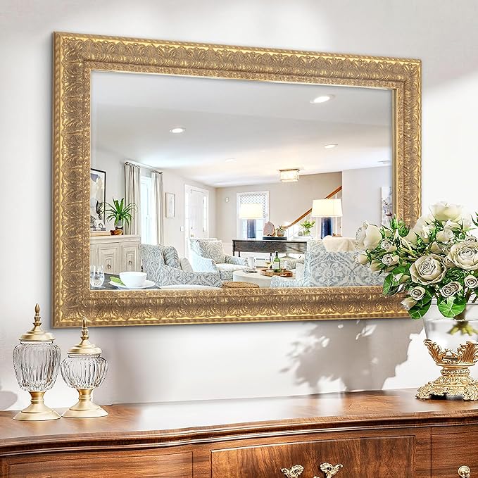 Chende Vintage Gold Mirror for Decor, Large Bathroom Wall Mirror with Symmetrical Leaf Shape, 37" L x 25" W Traditional Wood Mirror for Master Bath Half Bath Kitchen Bedside Table