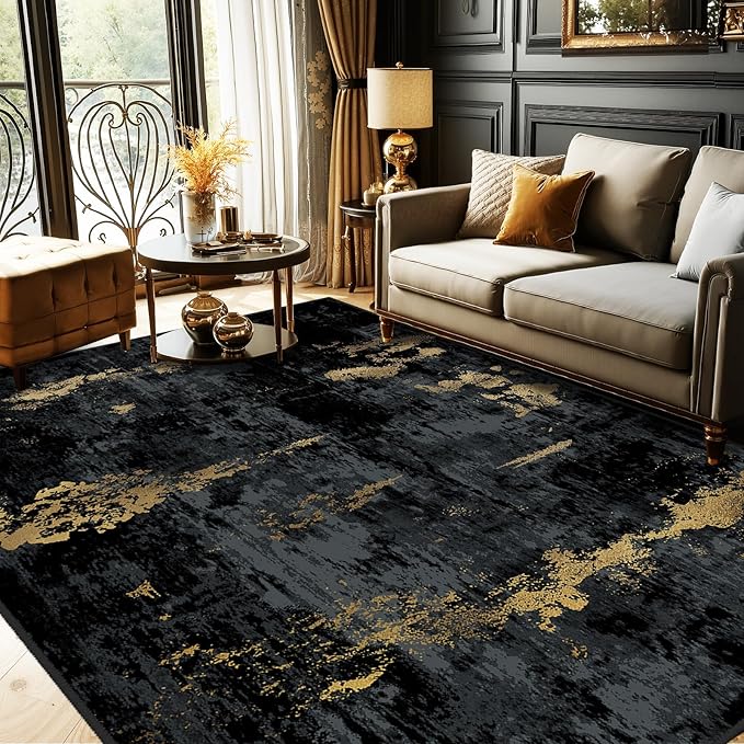 RELEANY Washable Area Rugs 6'x8' Non-Slip Modern Abstract Soft for Living Room Entryway Bedroom Nursery, Print Pattern, Dark Black Gold