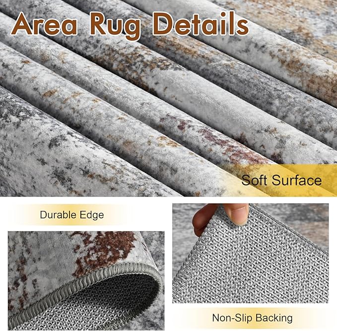 9x12 Ft Extra Large Washable Area Rugs for Living Room, Soft Non-Slip Modern Abstract Print Pattern Carpet for Bedroom Indoor Floor Nursery Home Decor (Grey/Gold-Brown/Red-Brown)