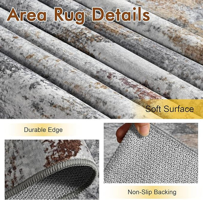 5x7 Ft Abstract Area Rugs for Living Room, Soft Non-Slip Modern Washable Rugs Print Pattern Carpet for Bedroom Indoor Floor Nursery Home Decor (Grey/Gold-Brown/Red-Brown)