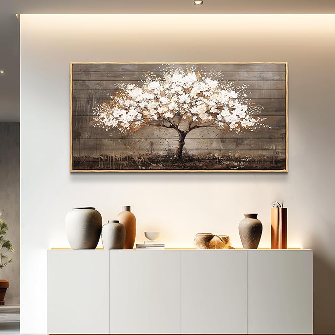 Wapluam Large Framed Wall Art,Tree Of Life Wall Art,Neutral Abstract Canvas Painting Art Prints,Wall Decor For Living Room,Modern Rustic Pictures For Bedroom Bathroom Dining Room Office Decorations