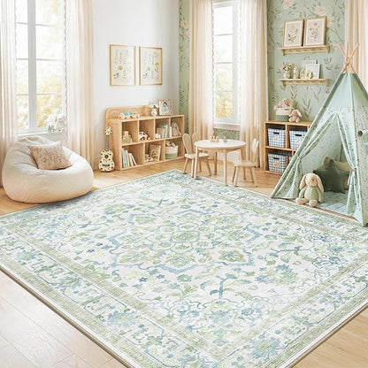 CAPALOCA Machine Washable Rugs Nursery Rug 5x8 Cute Girl Non Slip Low Pile Water Repellent Soft Print Pattern for Bedroom Indoor Decor Kids Playroom Green Blue