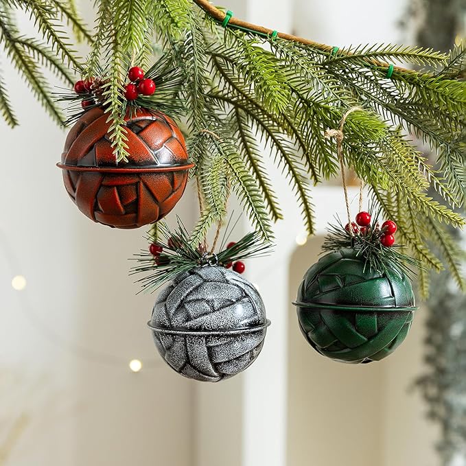 Christmas Bells, Christmas Jingle Bell Decorations with Pinecones and Berries Festive Decor with Real Bell Sound - Holiday Decor for Christmas Tree, Wreath, 3 Pack (White, Red & Green)