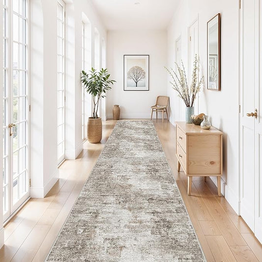 3x20 Extra Long Hallway Runner Rug – Non-Slip Washable Stain-Resistant 20 Ft Carpet for Kitchen & Entryway, Low-Pile Thin Modern Abstract Wide Floor Runner with Rubber Backing (Beige Grey)